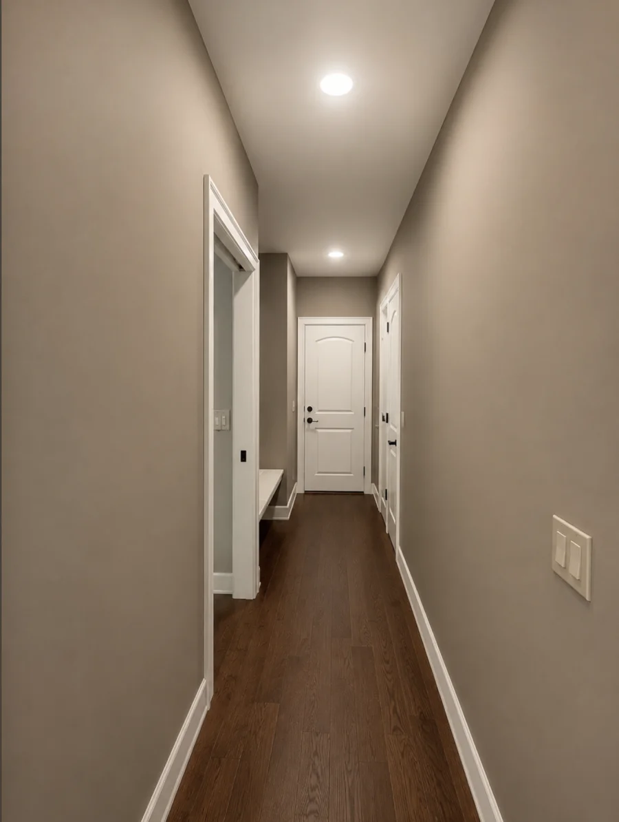 Hallway after painting - fresh walls, new hardwood floors installed